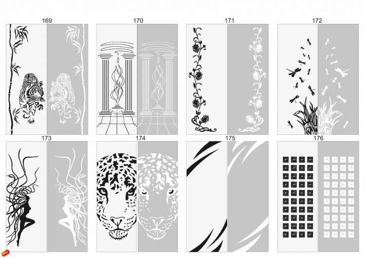 Художественный пескоструй: тигр, колонны, ветка цветов, стрекозы, женщина, леопард, квадраты