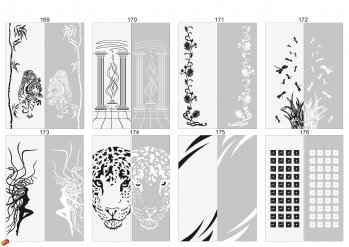 Художественный пескоструй: тигр, колонны, ветка цветов, стрекозы, женщина, леопард, квадраты