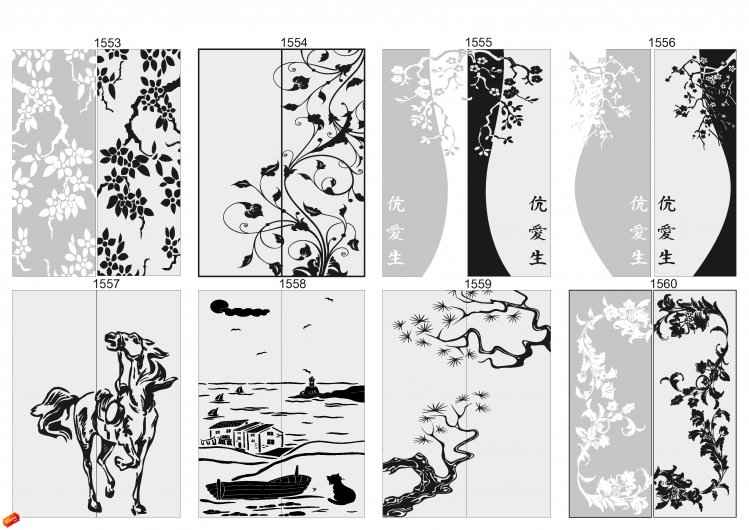 Художественный пескоструй: цветущее дерево, завитки, сакура, иероглифы, лошадь, порт, лодка, дерево, море